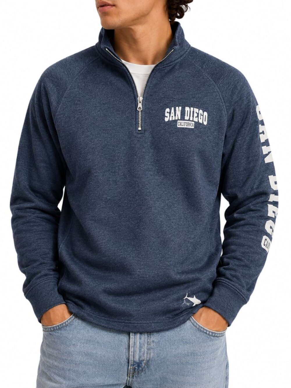 Shark Tee San Diego California 1/4 Zip Fleece Pullover Sweatshirt Size L 💙🦈